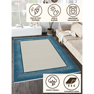 Pamuk Dokuma Taban Halı – Mavi; Krem – Eskitilmiş Görünümlü Geometrik Desen, Makinede Yıkanabilir, Kolay Temizlenebilir, Toz Ve Tüy Tutmaz, Kaymaz, Evcil Hayvan Dostu