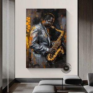 Afrika Caz Sanatı, Afrika Kanvası, Caz Duvar Sanatı, Yağlı Boya Caz Kanvası, Siyah Müzisyen Kanvası 20x30 cm