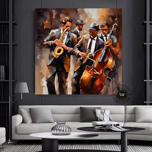 Caz Duvar Dekoru; Caz Orkestrası Sanatı; Müzik Duvar Sanatı; Oturma Odası Dekoru 60x60 cm