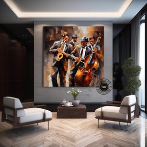 Caz Duvar Dekoru; Caz Orkestrası Sanatı; Müzik Duvar Sanatı; Oturma Odası Dekoru 60x60 cm