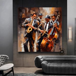 Caz Duvar Dekoru; Caz Orkestrası Sanatı; Müzik Duvar Sanatı; Oturma Odası Dekoru 60x60 cm