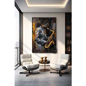 Afrika Caz Sanatı, Afrika Kanvası, Caz Duvar Sanatı, Yağlı Boya Caz Kanvası, Siyah Müzisyen Kanvası 90x180 cm