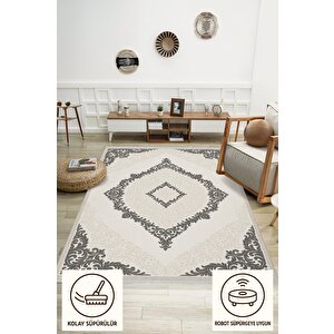 Yıkanabilir Salon Halısı – Krem; Gri – Damask Desen, Makinede Yıkanabilir, Kolay Temizlenebilir, Toz Ve Tüy Tutmaz, Kaymaz, Evcil Hayvan Dostu