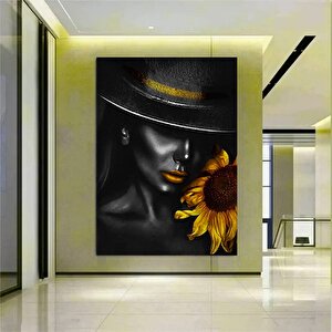 Siyah Şapkalı Kadın Kanvas Baskısı, Afrika Kadın Sanatı, Moda Sanatı, Siyah Kadın Tarzı 70x100 cm