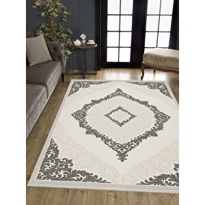 Yıkanabilir Salon Halısı – Krem; Gri – Damask Desen, Makinede Yıkanabilir, Kolay Temizlenebilir, Toz Ve Tüy Tutmaz, Kaymaz, Evcil Hayvan Dostu 150x240 cm