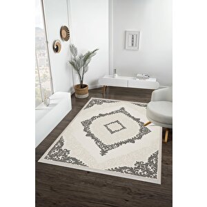 Yıkanabilir Salon Halısı – Krem; Gri – Damask Desen, Makinede Yıkanabilir, Kolay Temizlenebilir, Toz Ve Tüy Tutmaz, Kaymaz, Evcil Hayvan Dostu 150x240 cm