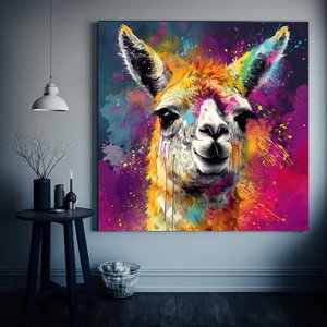 Renkli Lama Kanvas Duvar Sanatı, Lama Kanvas Dekoru, Lama Hayvan Sanatı 40x40 cm