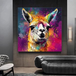 Renkli Lama Kanvas Duvar Sanatı, Lama Kanvas Dekoru, Lama Hayvan Sanatı 40x40 cm
