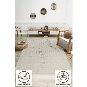 Pamuk Dokuma Taban Halı – Gri; Krem – Eskitilmiş Görünümlü Geometrik Desen, Makinede Yıkanabilir, Kolay Temizlenebilir, Toz Ve Tüy Tutmaz, Kaymaz, Evcil Hayvan Dostu