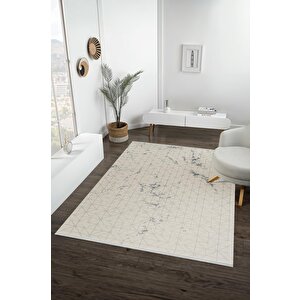 Pamuk Dokuma Taban Halı – Gri; Krem – Eskitilmiş Görünümlü Geometrik Desen, Makinede Yıkanabilir, Kolay Temizlenebilir, Toz Ve Tüy Tutmaz, Kaymaz, Evcil Hayvan Dostu