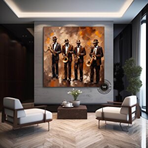 Caz Duvar Dekoru, Caz Orkestrası Sanatı, Müzik Duvar Sanatı, Salon Dekoru, Ev Dekoru 100x100 cm