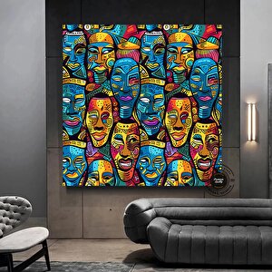 Maasai Afrika Kabile Maskesi Sanatı Kanvas | Canlı Geleneksel Maske Duvar Sanatı | Etnik Afrika Kanv 80x80 cm