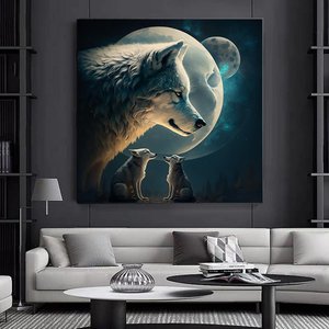 Ay Işığındaki Muhteşem Kurtlar – Modern Tasarım Ev Dekoru Kanvas Baskı Duvar Sanatı (asmaya Hazır) 70x70 cm