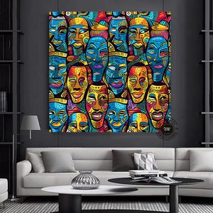 Maasai Afrika Kabile Maskesi Sanatı Kanvas | Canlı Geleneksel Maske Duvar Sanatı | Etnik Afrika Kanv 60x60 cm