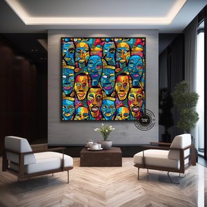 Maasai Afrika Kabile Maskesi Sanatı Kanvas | Canlı Geleneksel Maske Duvar Sanatı | Etnik Afrika Kanv 60x60 cm
