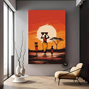 Gün Batımında Su Taşıyan Afrikalı Aile, Canlı Renkli Etnik Manzara Kanvası