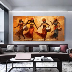 Renkli Afrikalı Kızlar Ve Müzisyenler Kanvas – Etnik Müzik Ve Dans Teması; Afrikalı Kızlar Stili 60x120 cm