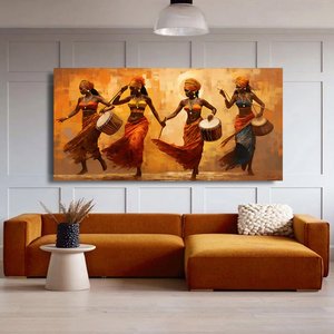 Renkli Afrikalı Kızlar Ve Müzisyenler Kanvas – Etnik Müzik Ve Dans Teması; Afrikalı Kızlar Stili 60x120 cm