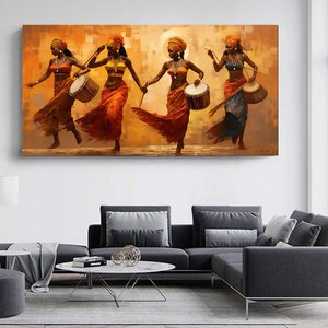 Renkli Afrikalı Kızlar Ve Müzisyenler Kanvas – Etnik Müzik Ve Dans Teması; Afrikalı Kızlar Stili 60x120 cm