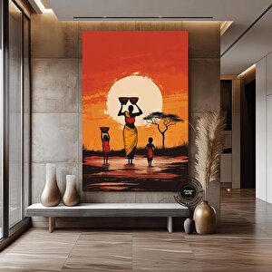 Gün Batımında Su Taşıyan Afrikalı Aile, Canlı Renkli Etnik Manzara Kanvası 90x180 cm