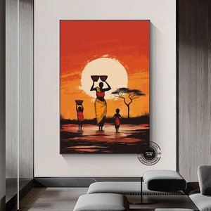 Gün Batımında Su Taşıyan Afrikalı Aile, Canlı Renkli Etnik Manzara Kanvası 60x120 cm