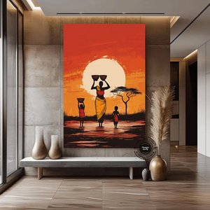 Gün Batımında Su Taşıyan Afrikalı Aile, Canlı Renkli Etnik Manzara Kanvası 60x120 cm