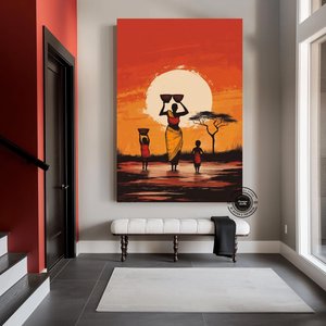 Gün Batımında Su Taşıyan Afrikalı Aile, Canlı Renkli Etnik Manzara Kanvası 60x120 cm