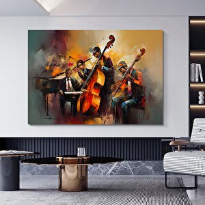 Caz Piyanisti Kanvas Tablosu, Müzik Tabloları, Yağlı Boya Kanvas, Caz, Orkestra, Blues, Saksafon 80x160 cm