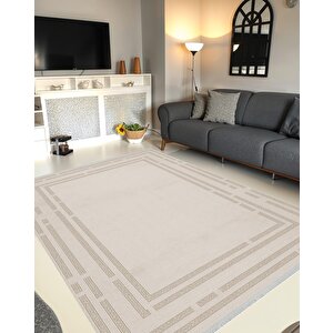 Pamuk Dokuma Taban Halı – Krem – Geometric Desen, Makinede Yıkanabilir, Kolay Temizlenebilir, Toz Ve Tüy Tutmaz, Kaymaz, Evcil Hayvan Dostu 150x240 cm