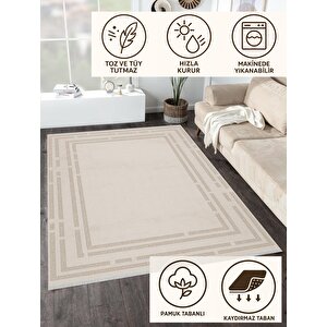 Pamuk Dokuma Taban Halı – Krem – Geometric Desen, Makinede Yıkanabilir, Kolay Temizlenebilir, Toz Ve Tüy Tutmaz, Kaymaz, Evcil Hayvan Dostu