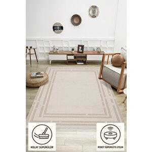 Pamuk Dokuma Taban Halı – Krem – Geometric Desen, Makinede Yıkanabilir, Kolay Temizlenebilir, Toz Ve Tüy Tutmaz, Kaymaz, Evcil Hayvan Dostu