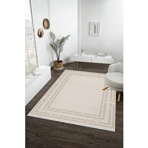 Pamuk Dokuma Taban Halı – Krem – Geometric Desen, Makinede Yıkanabilir, Kolay Temizlenebilir, Toz Ve Tüy Tutmaz, Kaymaz, Evcil Hayvan Dostu