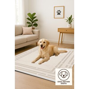 Pamuk Dokuma Taban Halı – Krem – Geometric Desen, Makinede Yıkanabilir, Kolay Temizlenebilir, Toz Ve Tüy Tutmaz, Kaymaz, Evcil Hayvan Dostu