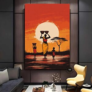 Gün Batımında Su Taşıyan Afrikalı Aile, Canlı Renkli Etnik Manzara Kanvası