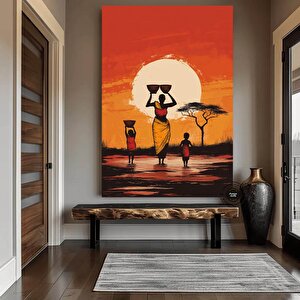 Gün Batımında Su Taşıyan Afrikalı Aile, Canlı Renkli Etnik Manzara Kanvası