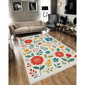 Pamuk Dokuma Taban Halı – Kırmızı; Sarı; Mavi; Yeşil – Çiçekli Desen, Makinede Yıkanabilir, Kolay Temizlenebilir, Toz Ve Tüy Tutmaz, Kaymaz, Evcil Hayvan Dostu 160x180 cm