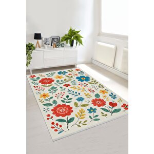 Pamuk Dokuma Taban Halı – Kırmızı; Sarı; Mavi; Yeşil – Çiçekli Desen, Makinede Yıkanabilir, Kolay Temizlenebilir, Toz Ve Tüy Tutmaz, Kaymaz, Evcil Hayvan Dostu