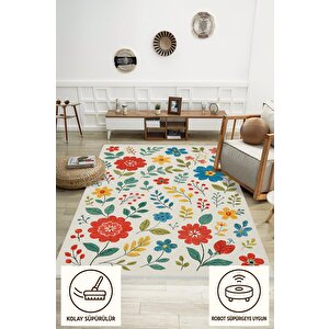 Pamuk Dokuma Taban Halı – Kırmızı; Sarı; Mavi; Yeşil – Çiçekli Desen, Makinede Yıkanabilir, Kolay Temizlenebilir, Toz Ve Tüy Tutmaz, Kaymaz, Evcil Hayvan Dostu 150x300 cm