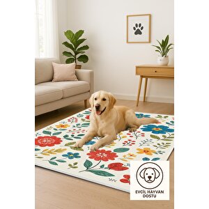 Pamuk Dokuma Taban Halı – Kırmızı; Sarı; Mavi; Yeşil – Çiçekli Desen, Makinede Yıkanabilir, Kolay Temizlenebilir, Toz Ve Tüy Tutmaz, Kaymaz, Evcil Hayvan Dostu
