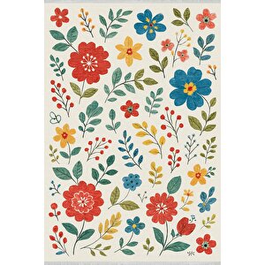 Pamuk Dokuma Taban Halı – Kırmızı; Sarı; Mavi; Yeşil – Çiçekli Desen, Makinede Yıkanabilir, Kolay Temizlenebilir, Toz Ve Tüy Tutmaz, Kaymaz, Evcil Hayvan Dostu
