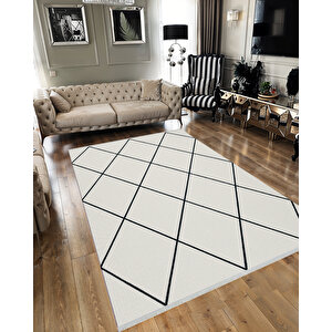 Pamuk Dokuma Taban Halı – Siyah; Krem – Geometrik Desen, Makinede Yıkanabilir, Kolay Temizlenebilir, Toz Ve Tüy Tutmaz, Kaymaz, Evcil Hayvan Dostu 120x180 cm