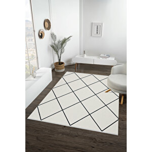 Pamuk Dokuma Taban Halı – Siyah; Krem – Geometrik Desen, Makinede Yıkanabilir, Kolay Temizlenebilir, Toz Ve Tüy Tutmaz, Kaymaz, Evcil Hayvan Dostu 100x100 cm