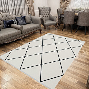 Pamuk Dokuma Taban Halı – Siyah; Krem – Geometrik Desen, Makinede Yıkanabilir, Kolay Temizlenebilir, Toz Ve Tüy Tutmaz, Kaymaz, Evcil Hayvan Dostu 100x100 cm