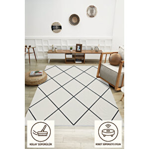 Pamuk Dokuma Taban Halı – Siyah; Krem – Geometrik Desen, Makinede Yıkanabilir, Kolay Temizlenebilir, Toz Ve Tüy Tutmaz, Kaymaz, Evcil Hayvan Dostu