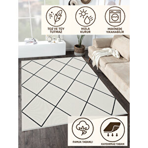 Pamuk Dokuma Taban Halı – Siyah; Krem – Geometrik Desen, Makinede Yıkanabilir, Kolay Temizlenebilir, Toz Ve Tüy Tutmaz, Kaymaz, Evcil Hayvan Dostu