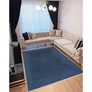Yıkanabilir Salon Halısı – Lacivert – Geometric Desen, Makinede Yıkanabilir, Kolay Temizlenebilir, Toz Ve Tüy Tutmaz, Kaymaz, Evcil Hayvan Dostu