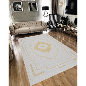 Pamuk Dokuma Taban Halı – Beyaz; Altın – Oriental Desen, Makinede Yıkanabilir, Kolay Temizlenebilir, Toz Ve Tüy Tutmaz, Kaymaz, Evcil Hayvan Dostu 120x180 cm