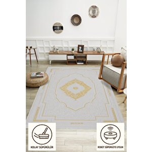Pamuk Dokuma Taban Halı – Beyaz; Altın – Oriental Desen, Makinede Yıkanabilir, Kolay Temizlenebilir, Toz Ve Tüy Tutmaz, Kaymaz, Evcil Hayvan Dostu