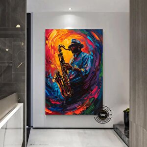 Afrika Caz Sanatı; Caz Yağlı Boya Kanvas; Siyah Müzisyen Kanvas; Saksafon Kanvas 90x150 cm
