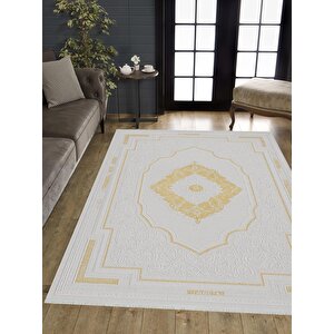 Pamuk Dokuma Taban Halı – Beyaz; Altın – Oriental Desen, Makinede Yıkanabilir, Kolay Temizlenebilir, Toz Ve Tüy Tutmaz, Kaymaz, Evcil Hayvan Dostu 150x240 cm